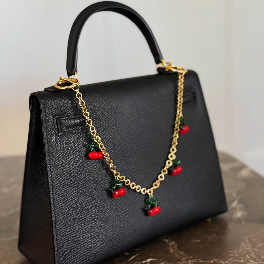 Sweet Cherry Drops Bag Charm - close up of glass cherry detail