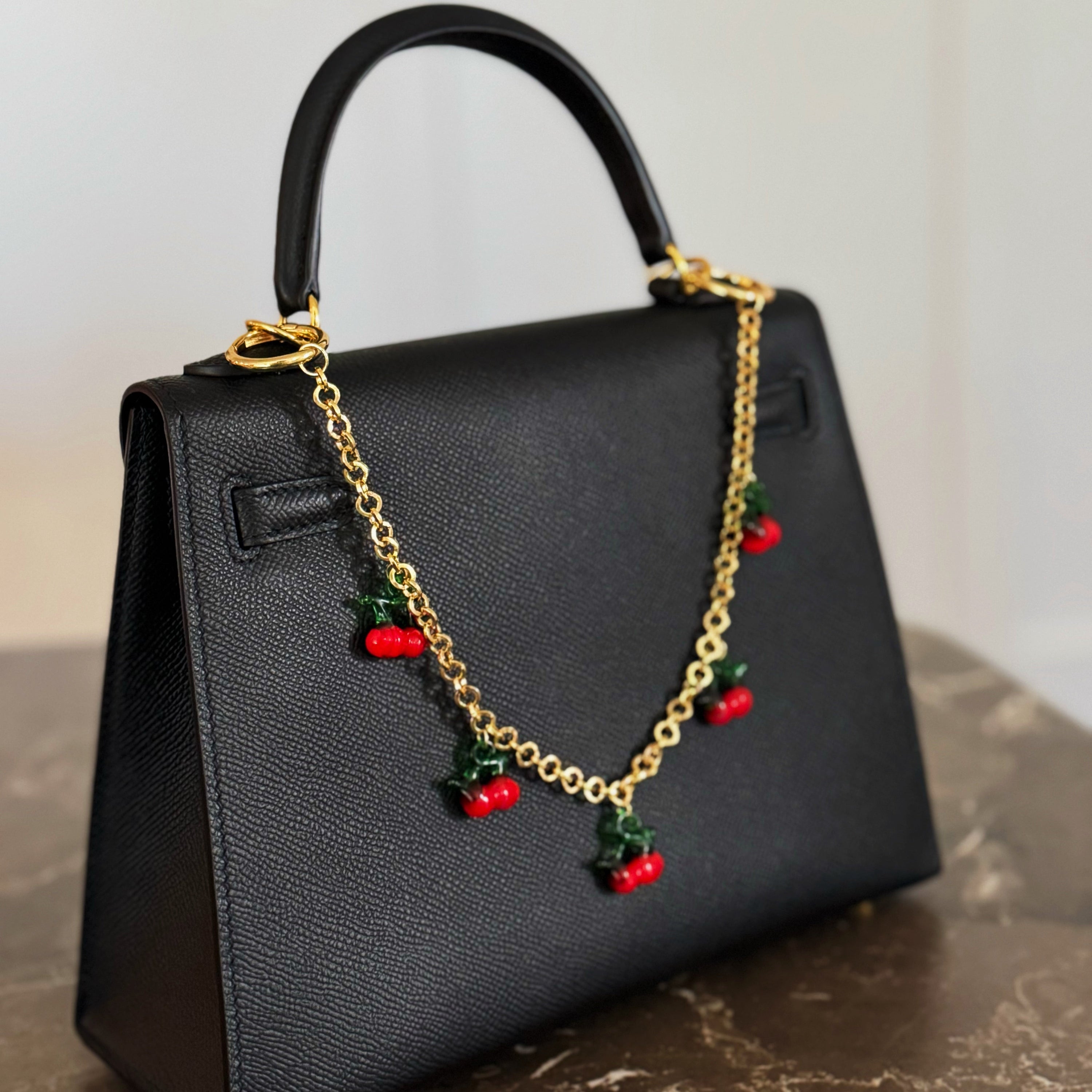 Sweet Cherry Drops Bag Charm - close up of glass cherry detail