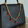 Sweet Cherry Drops Bag Charm - glass cherry charms with golden hardware