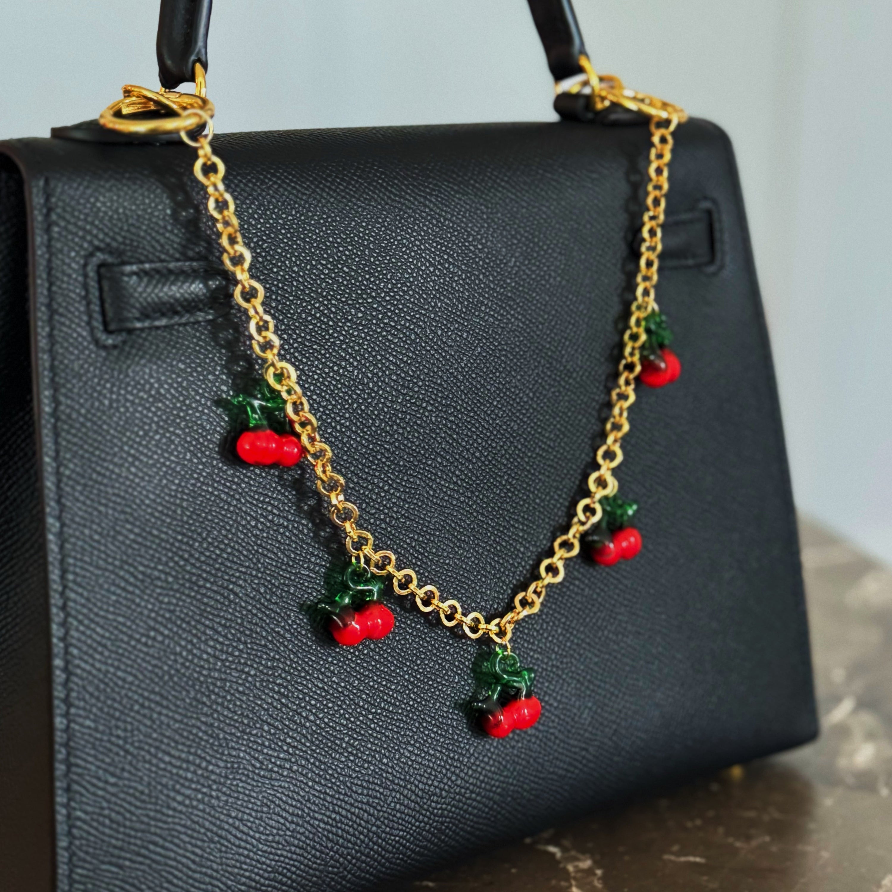 Sweet Cherry Drops Bag Charm - glass cherry charms with golden hardware