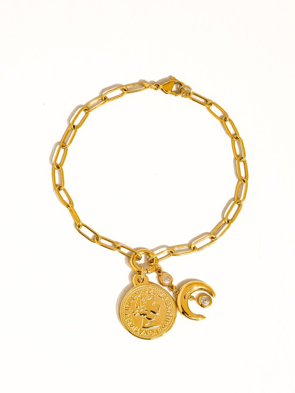 Vesta Bracelet in Gold - paperclip chain bracelet with coin medallion and moon charm