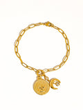 Vesta Bracelet in Gold - paperclip chain bracelet with coin medallion and moon charm