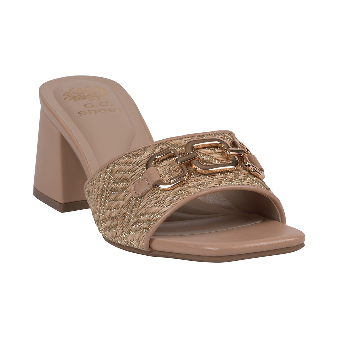 Wanda Nude Hardware Heeled Sandals with bold metallic hardware accents