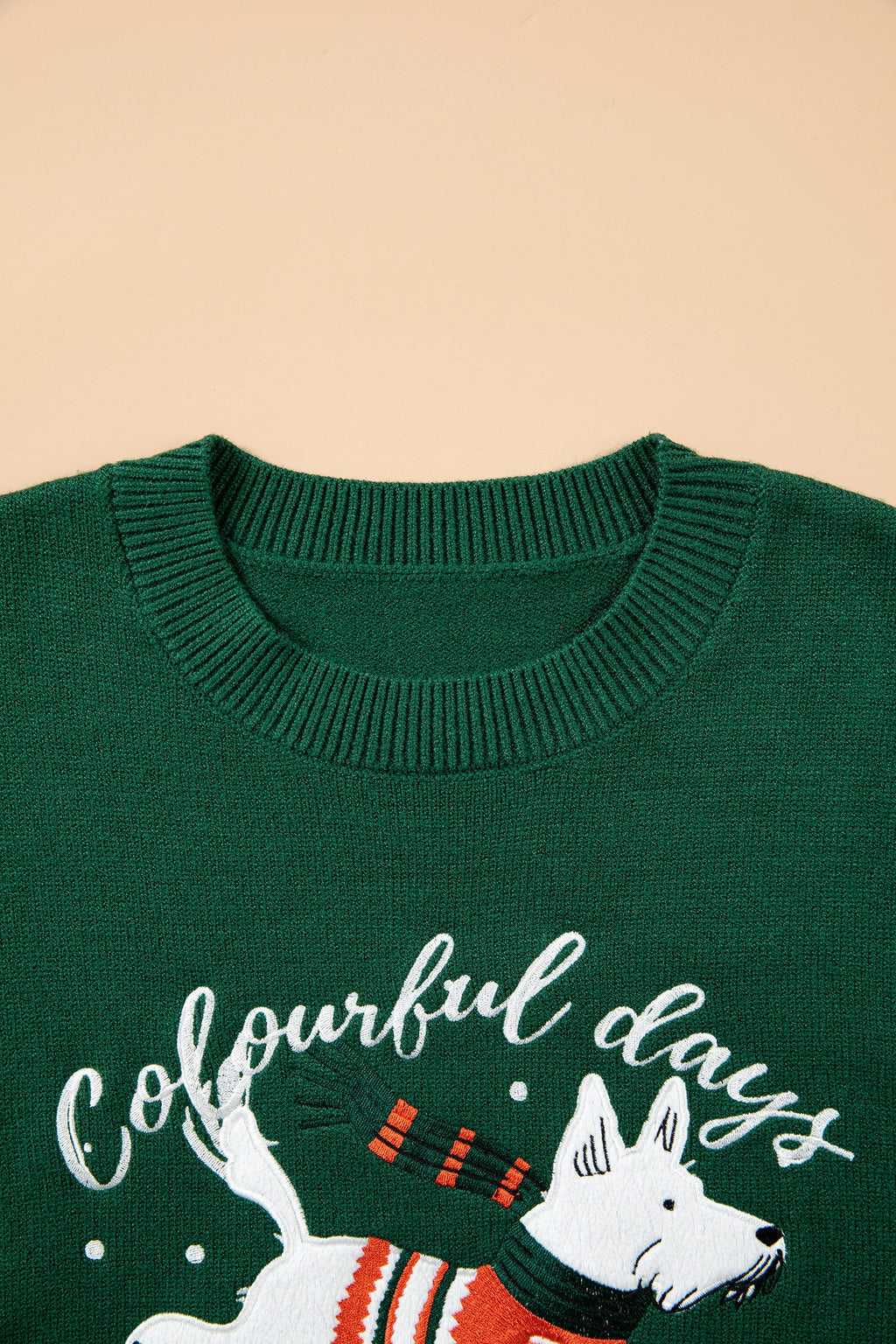 Christmas Dog Embroidered Sweater in blackish green, back view