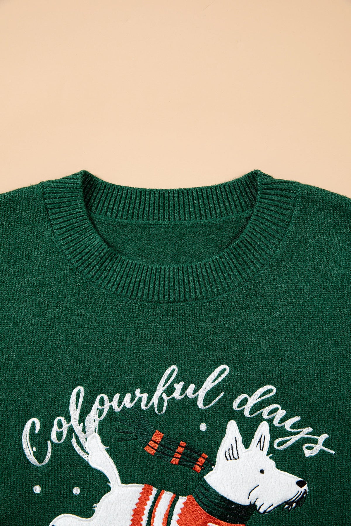 Christmas Dog Embroidered Sweater in blackish green, back view