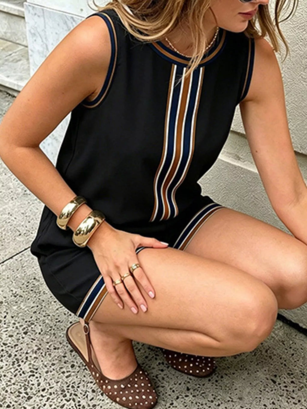Striped Sleeveless Top and Shorts Set, available in White and Black — pocketed two-piece polyester outfit