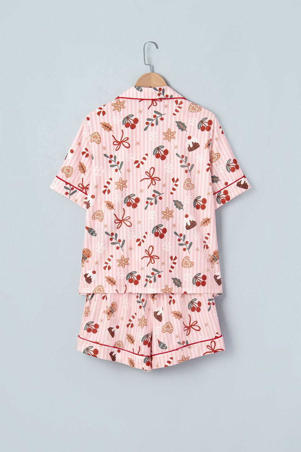 Christmas Stripe Top & Shorts Pajama Set in pink, styled view