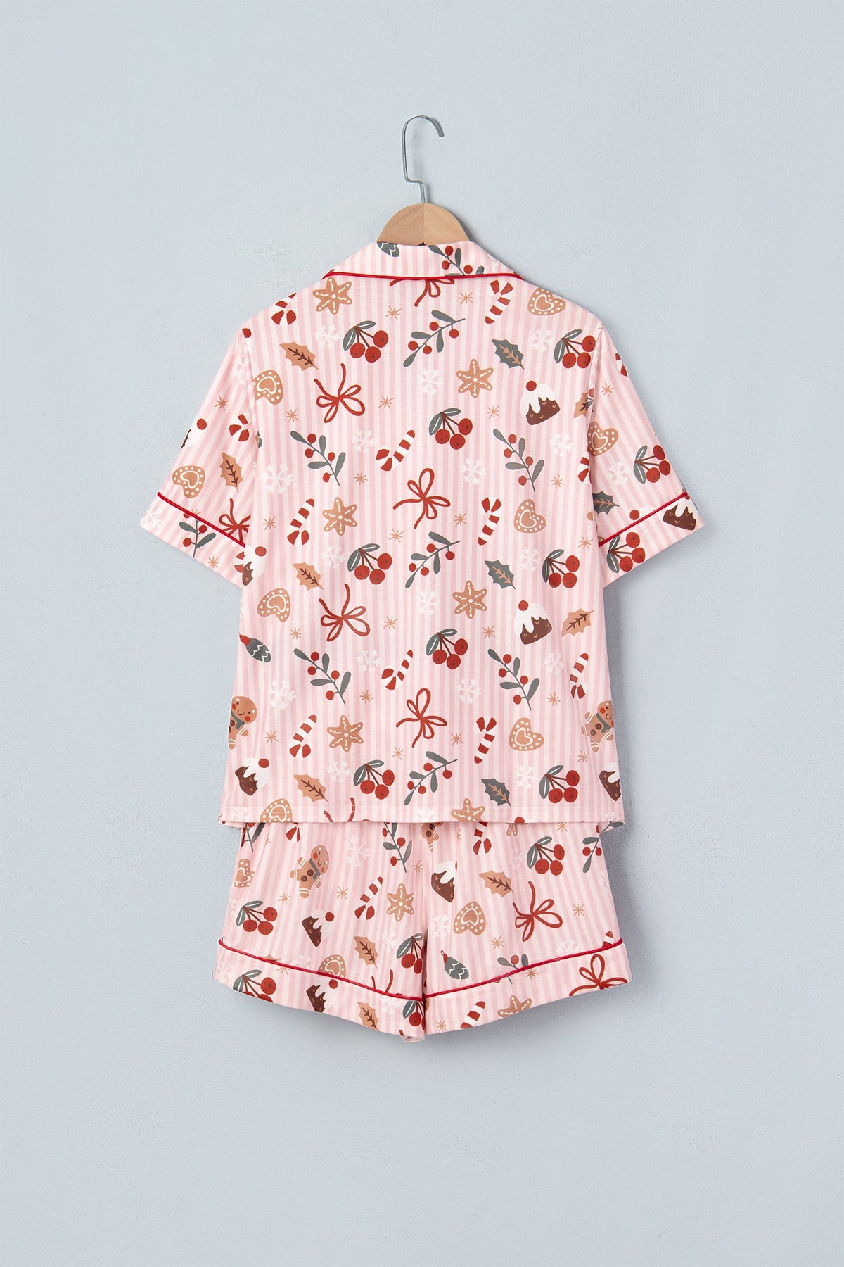 Christmas Stripe Top & Shorts Pajama Set in pink, styled view