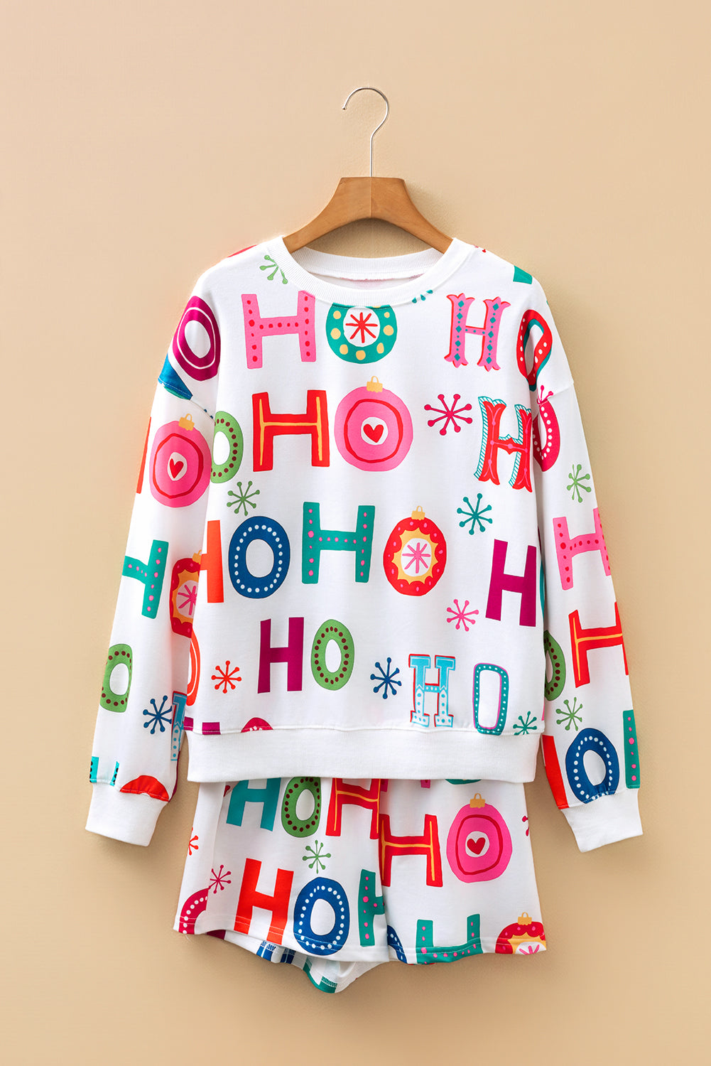 Christmas Long Sleeve Top and Shorts Lounge Set in White, detail view