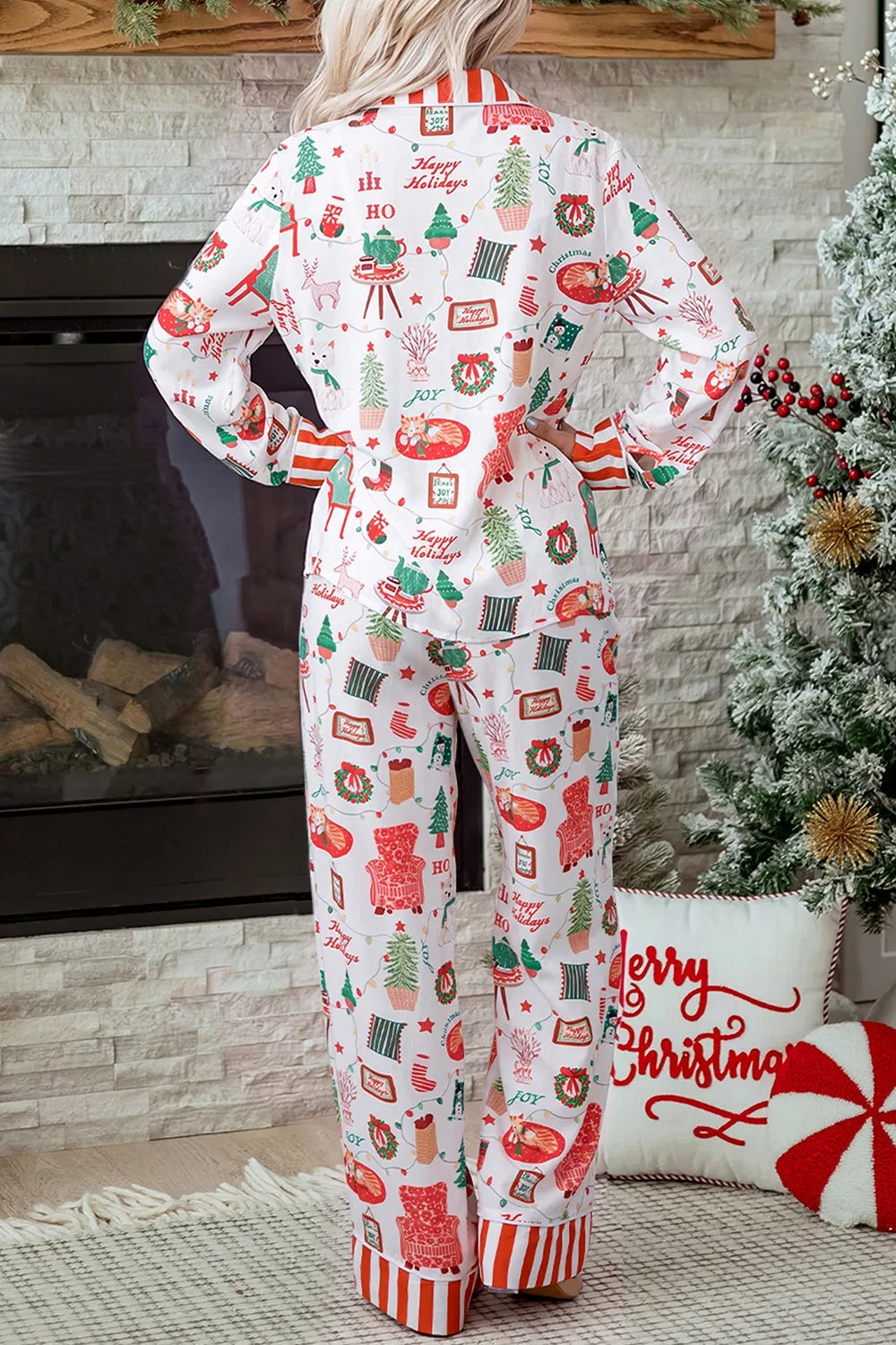 White striped holiday lounge set with button-front top and pants - view 4
