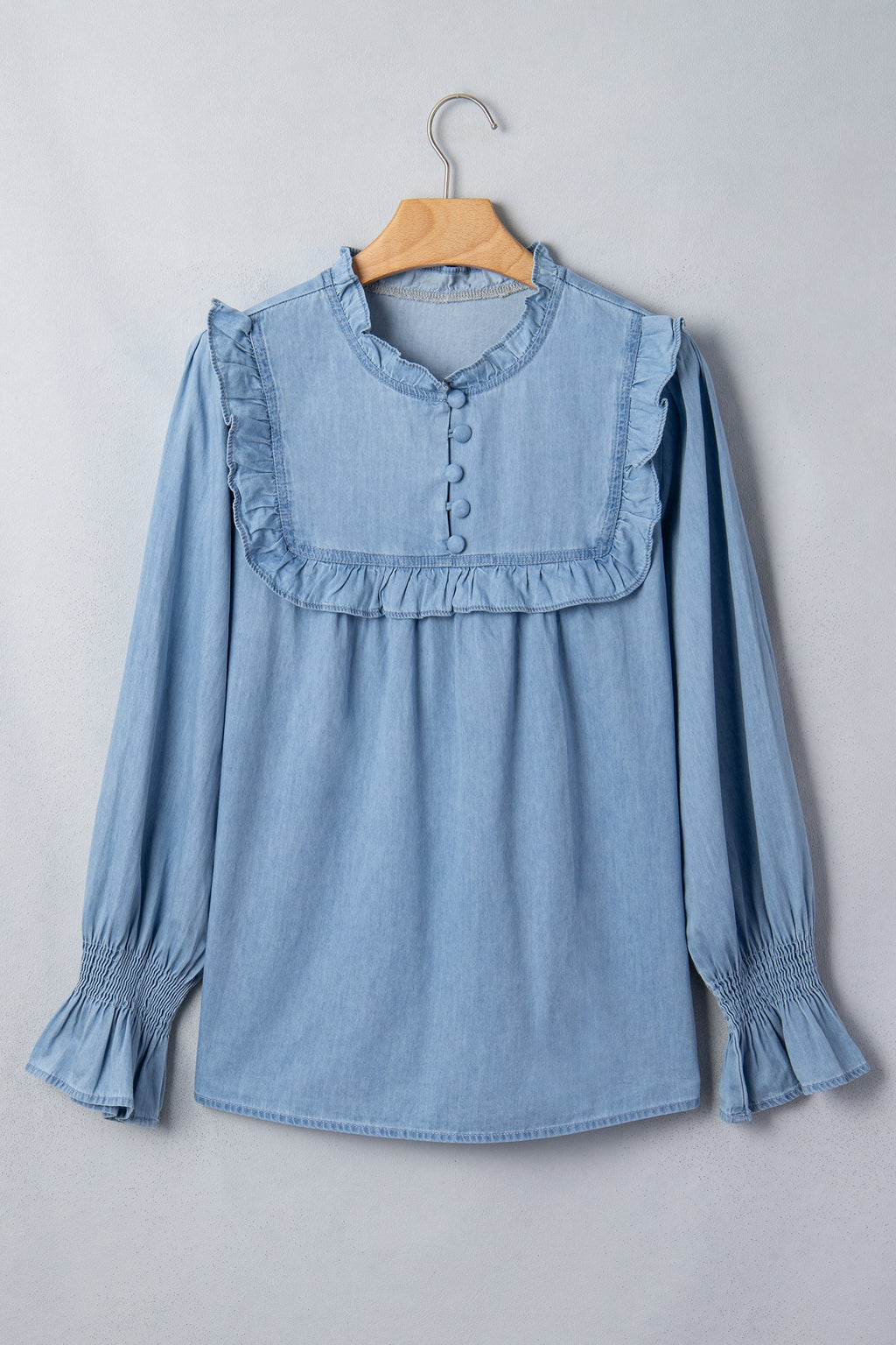 Chambray Ruffle V-Neck Blouse in beau blue, detail