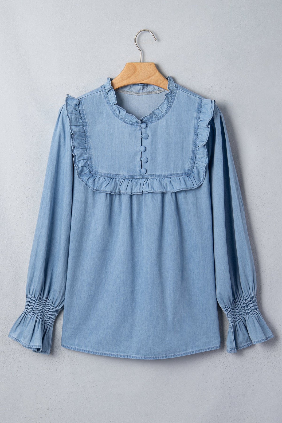 Chambray Ruffle V-Neck Blouse in beau blue, detail