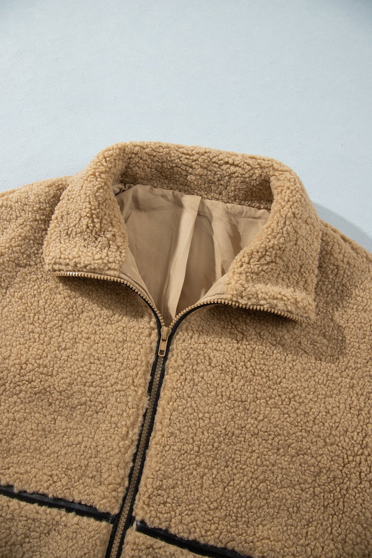 Fleece Stand Collar Zip Up Jacket in parchment, back view