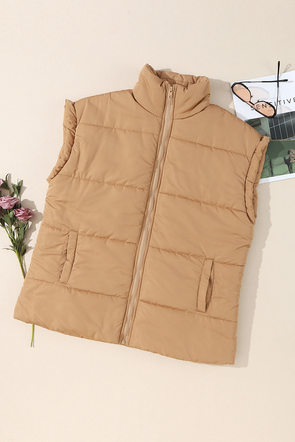 Standing Collar Zip-Up Puffer Vest in khaki, detail