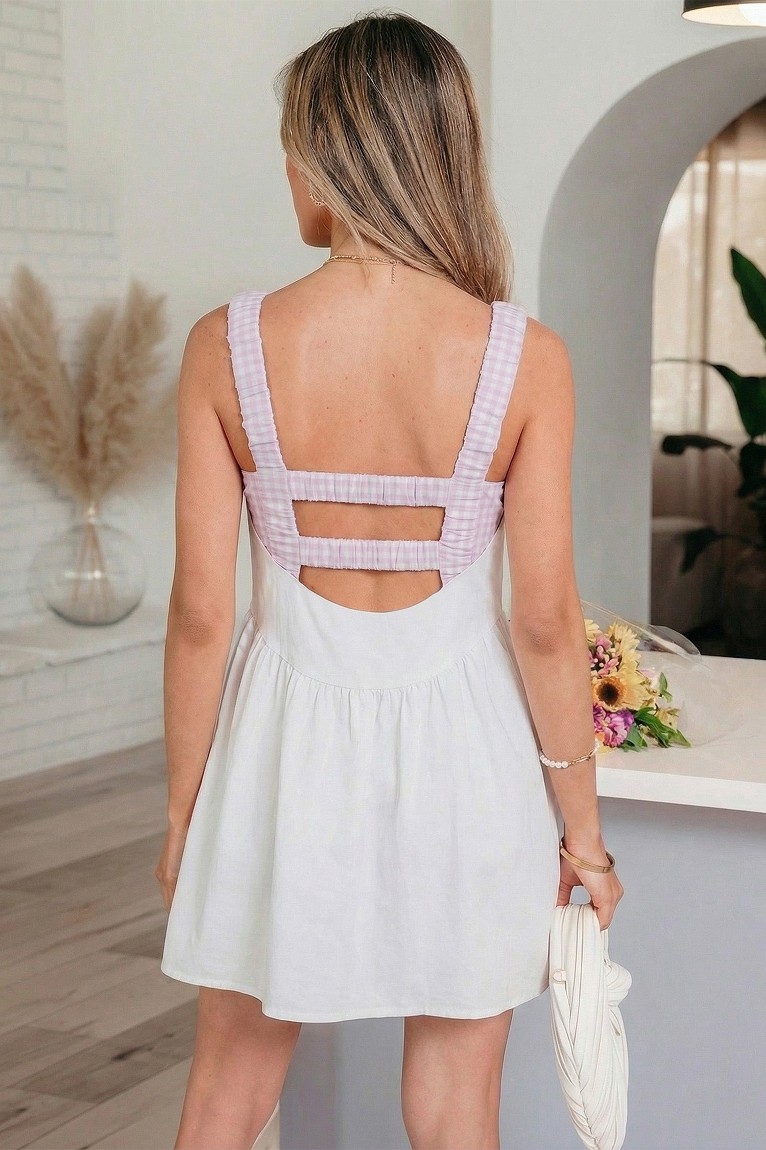 Gingham Patchwork Faux Two Piece Mini Dress