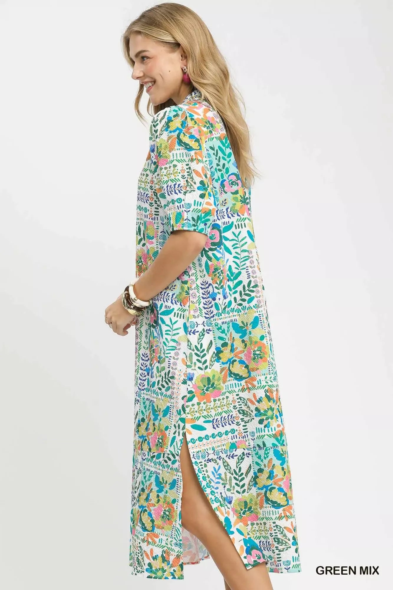 Umgee Folk Print Midi Dress in Green Mix - back view