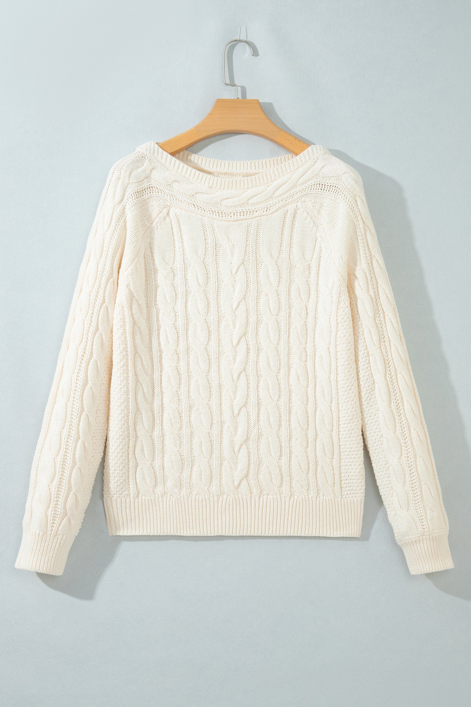 Cable Knit Round Neck Sweater in beige, detail