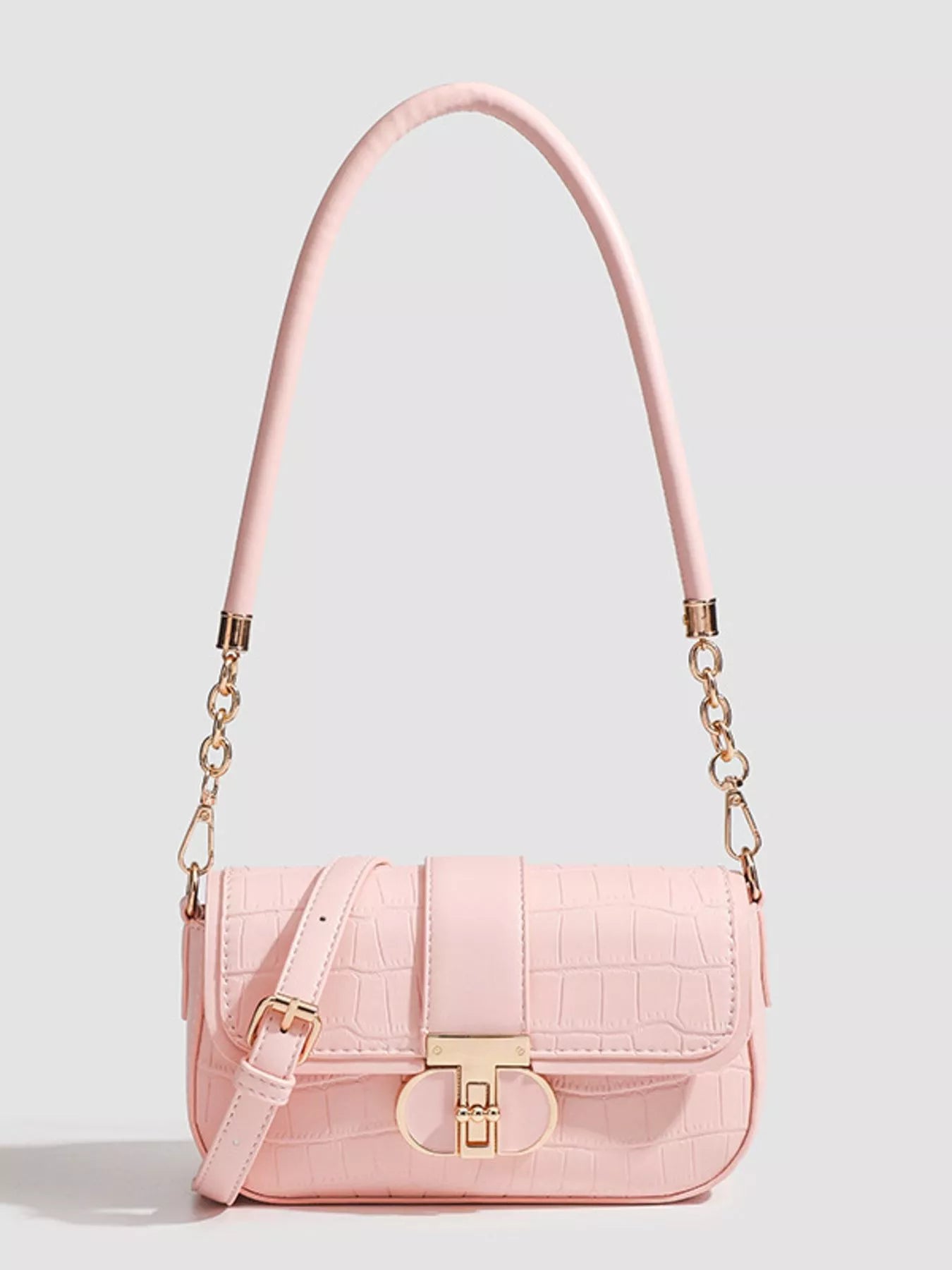 Textured Flap Shoulder Bag in Pink - PU leather flap closure front view