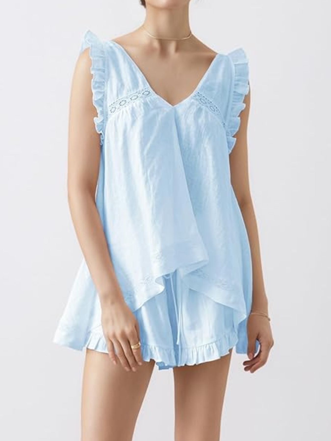 Ruffle Trim V-Neck Top and Shorts Set - ruffled two-piece set, view 1