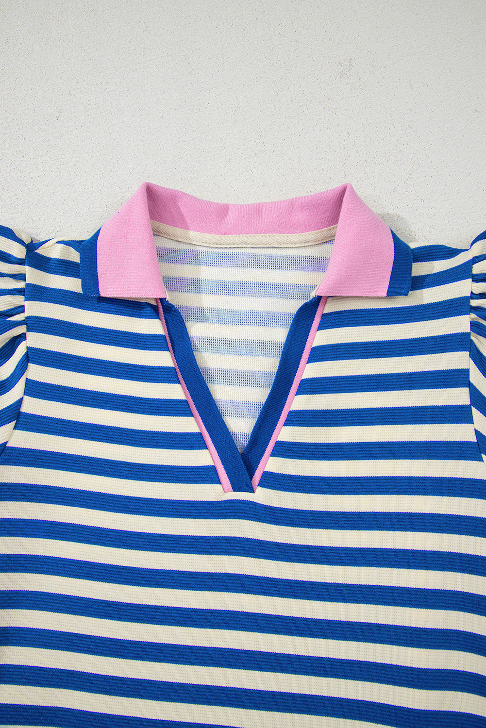 Stripe Flutter Sleeve Contrast Collar Mini Dress - close up of contrast collar detail