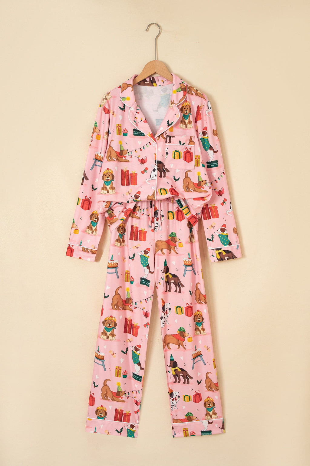 Christmas Dog Print Pajama Set in pink, detail view