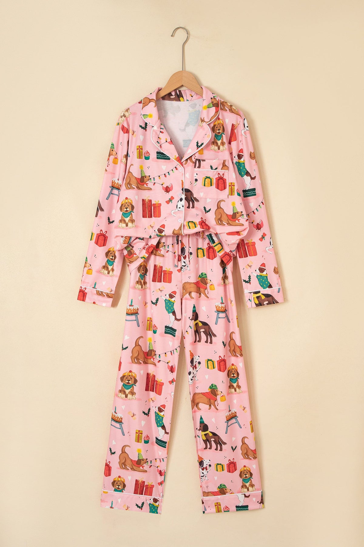 Christmas Dog Print Pajama Set in pink, detail view