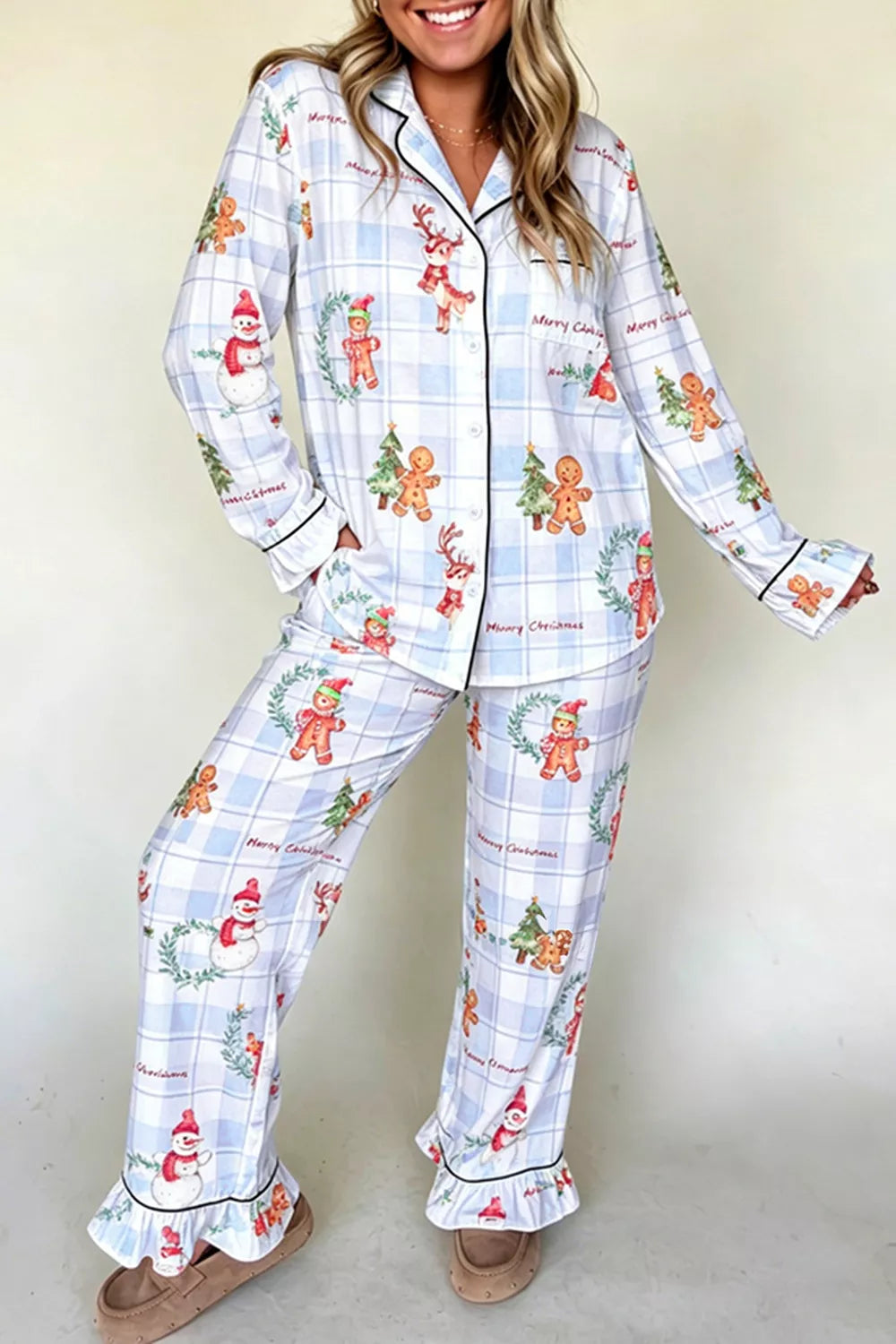 Light blue plaid Christmas pajama set with button-front shirt and pants - view 1
