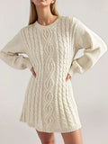 Cable knit sweater mini dress, available in apricot, black and burnt coral