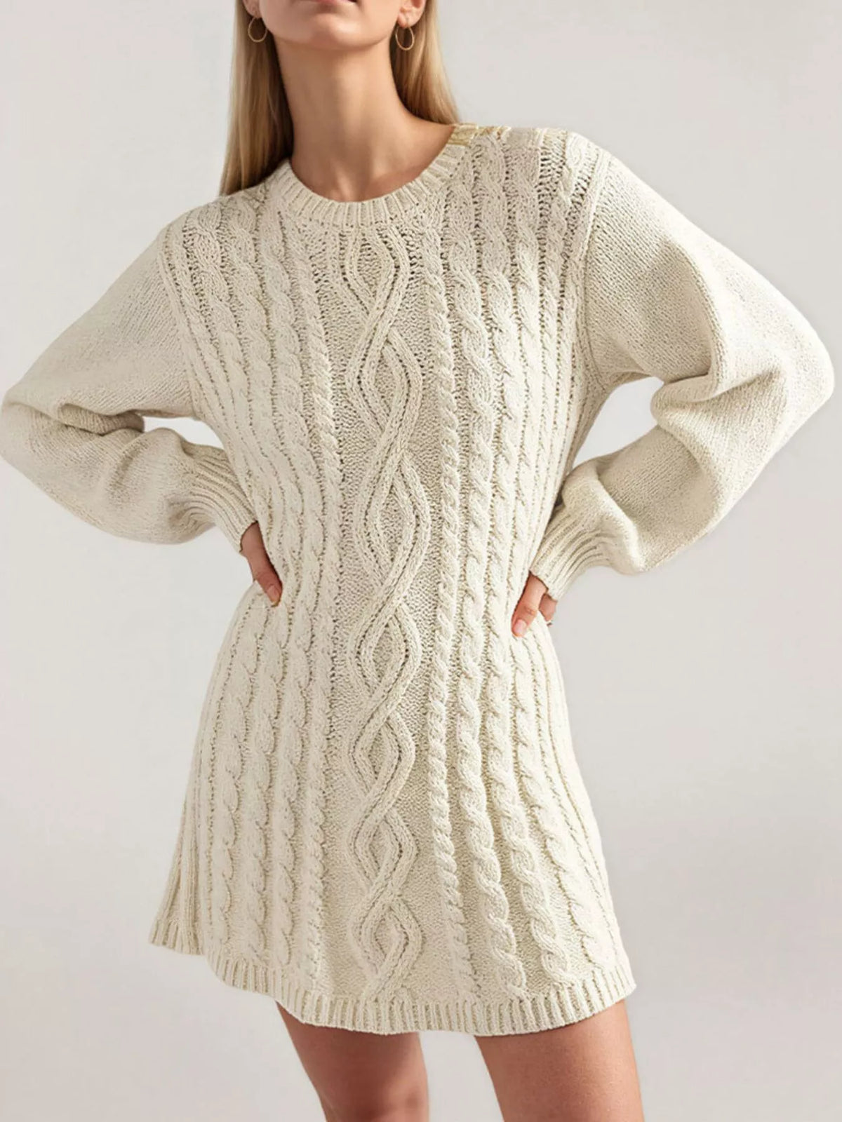 Cable knit sweater mini dress, available in apricot, black and burnt coral