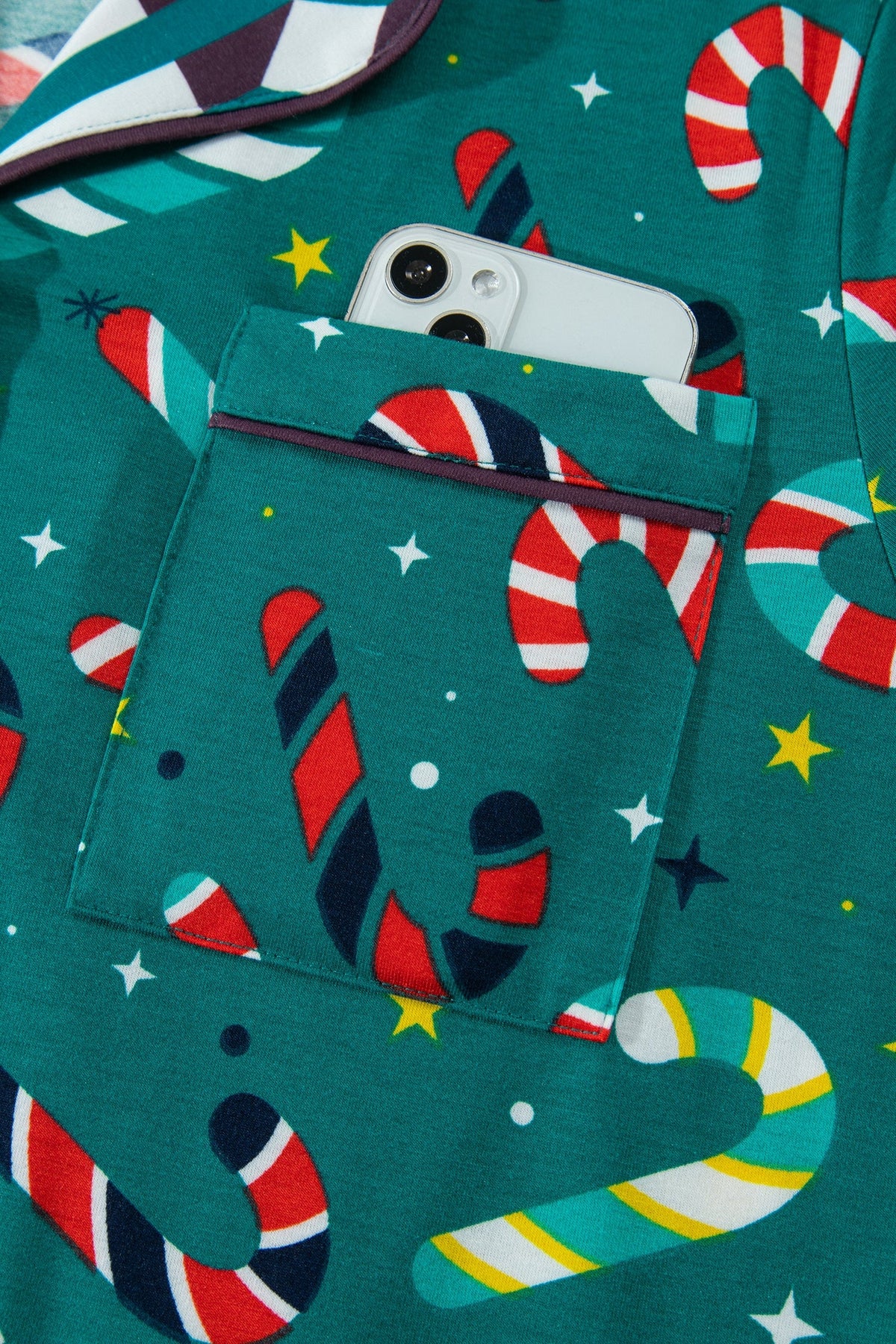 Christmas Candy Cane Pajama Set in green, close-up print detail