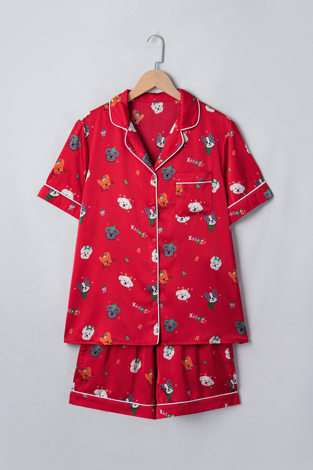 Christmas Dog Print Top & Shorts Pajama Set in racing red, print detail