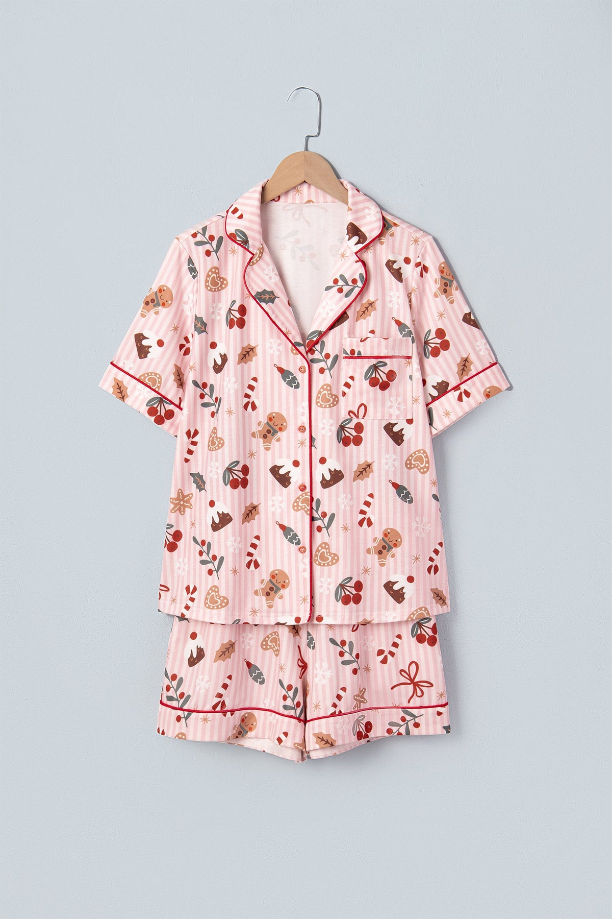 Christmas Stripe Top & Shorts Pajama Set in pink, detail view