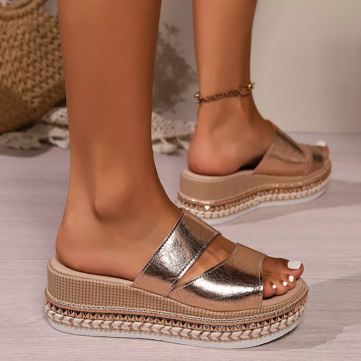 Open Toe Wedge Sandals in Gold - styled outfit view