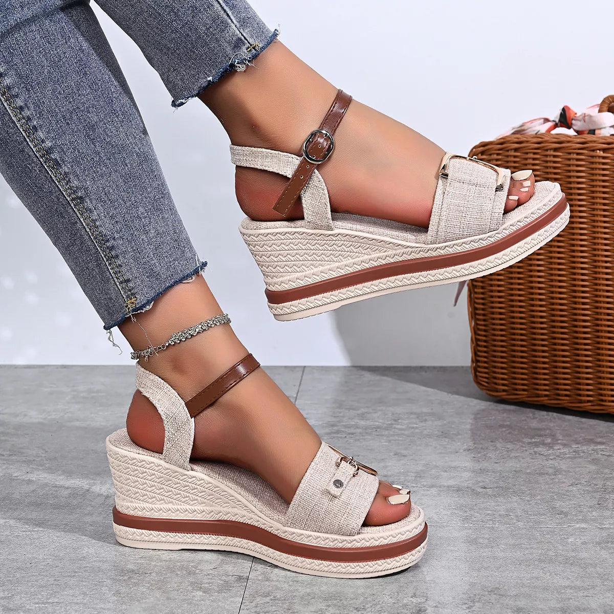 Open Toe Wedge Sandals in Beige - front view showing mid wedge and open toe