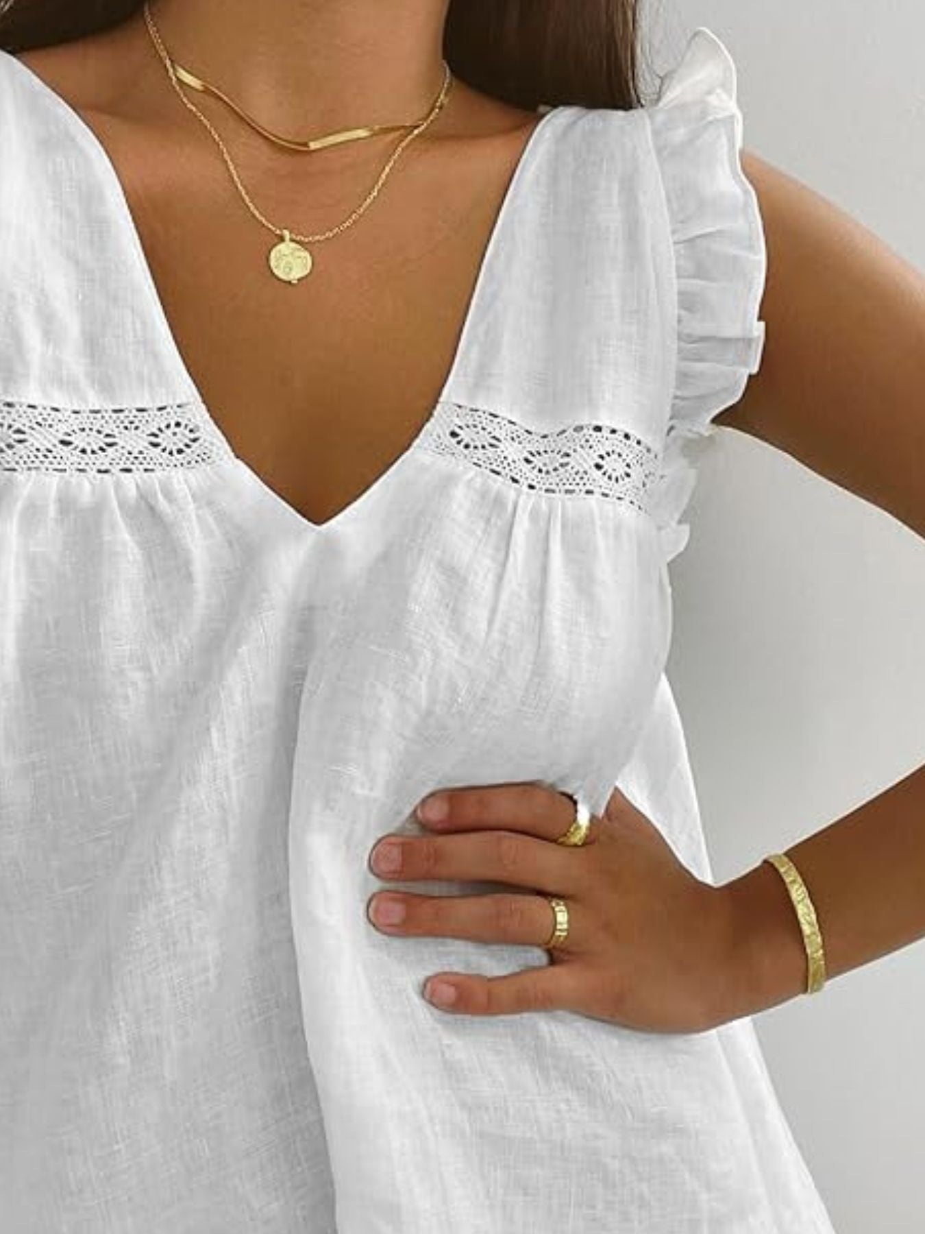 Ruffle Trim V-Neck Top and Shorts Set - ruffled two-piece set, view 4
