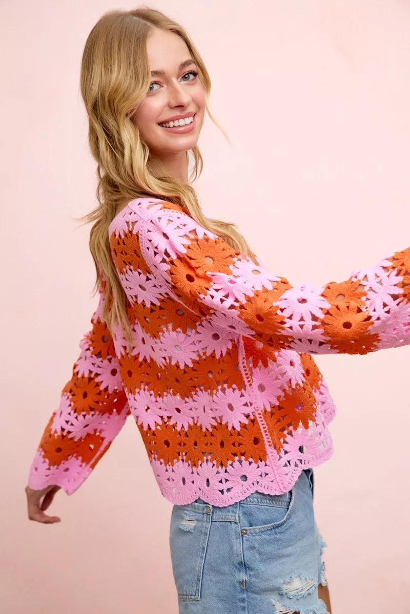 Flower crochet knit top with lightweight open crochet fabric