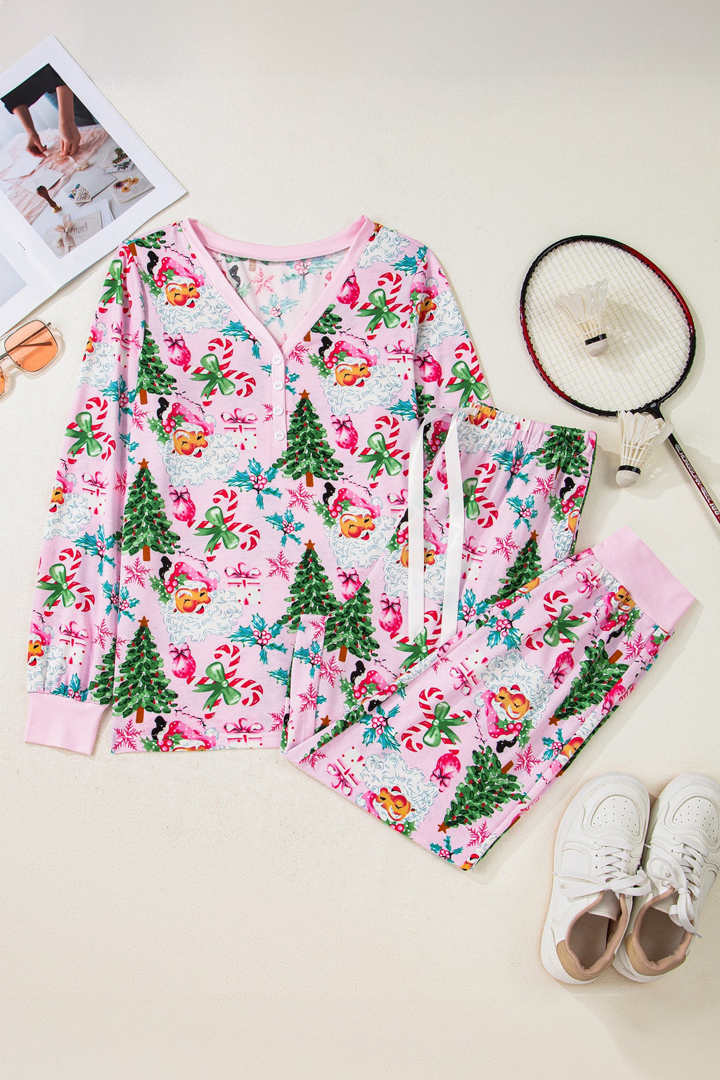 Christmas V-Neck Pullover Pajama Set in white and pink, additional view 1