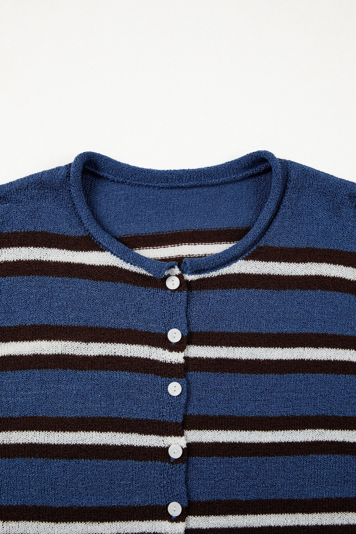 Stripe Drop Shoulder Buttoned Knit Cardigan in pink stripe, close-up