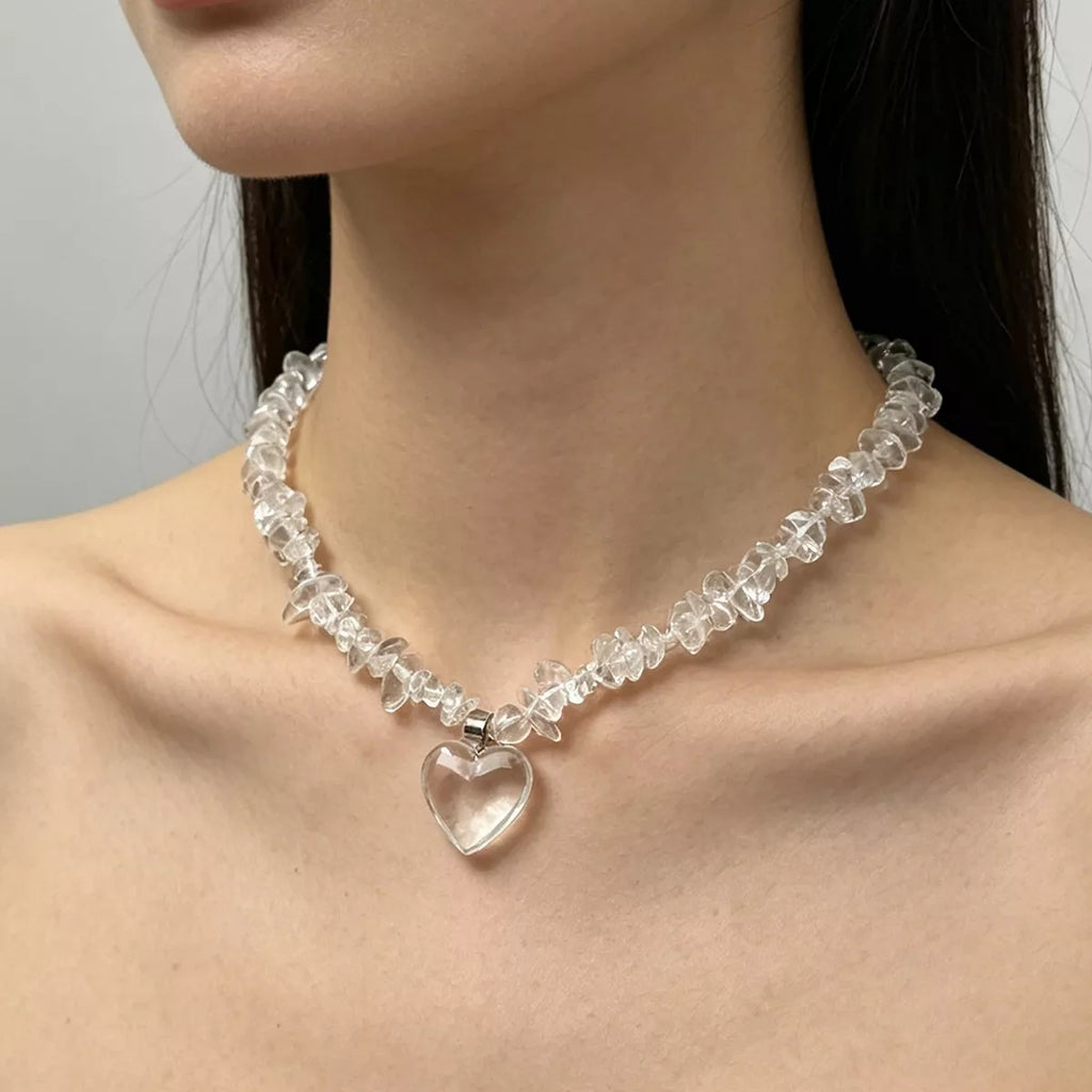 Clear Crystal Heart Pendant Necklace - worn view