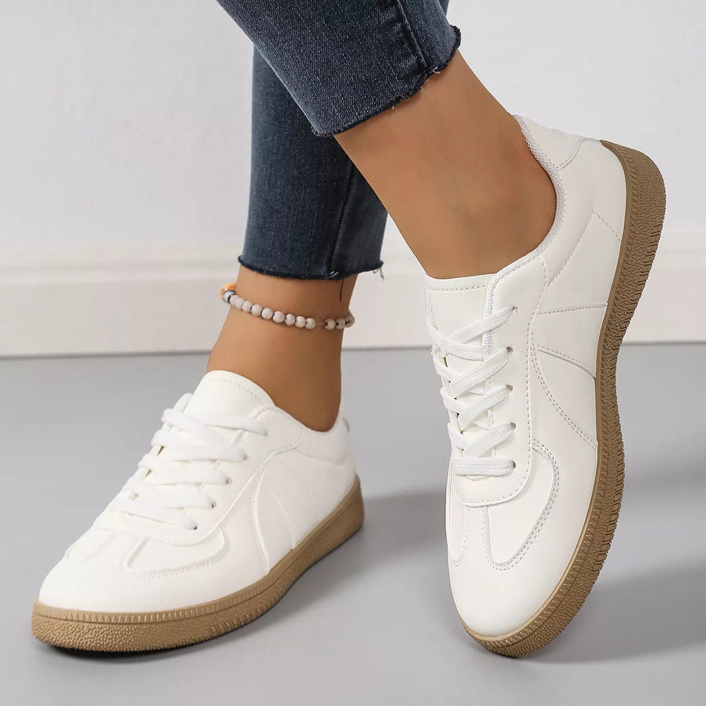 Round Toe Lace-Up Flats Sneakers in Off-white - front view