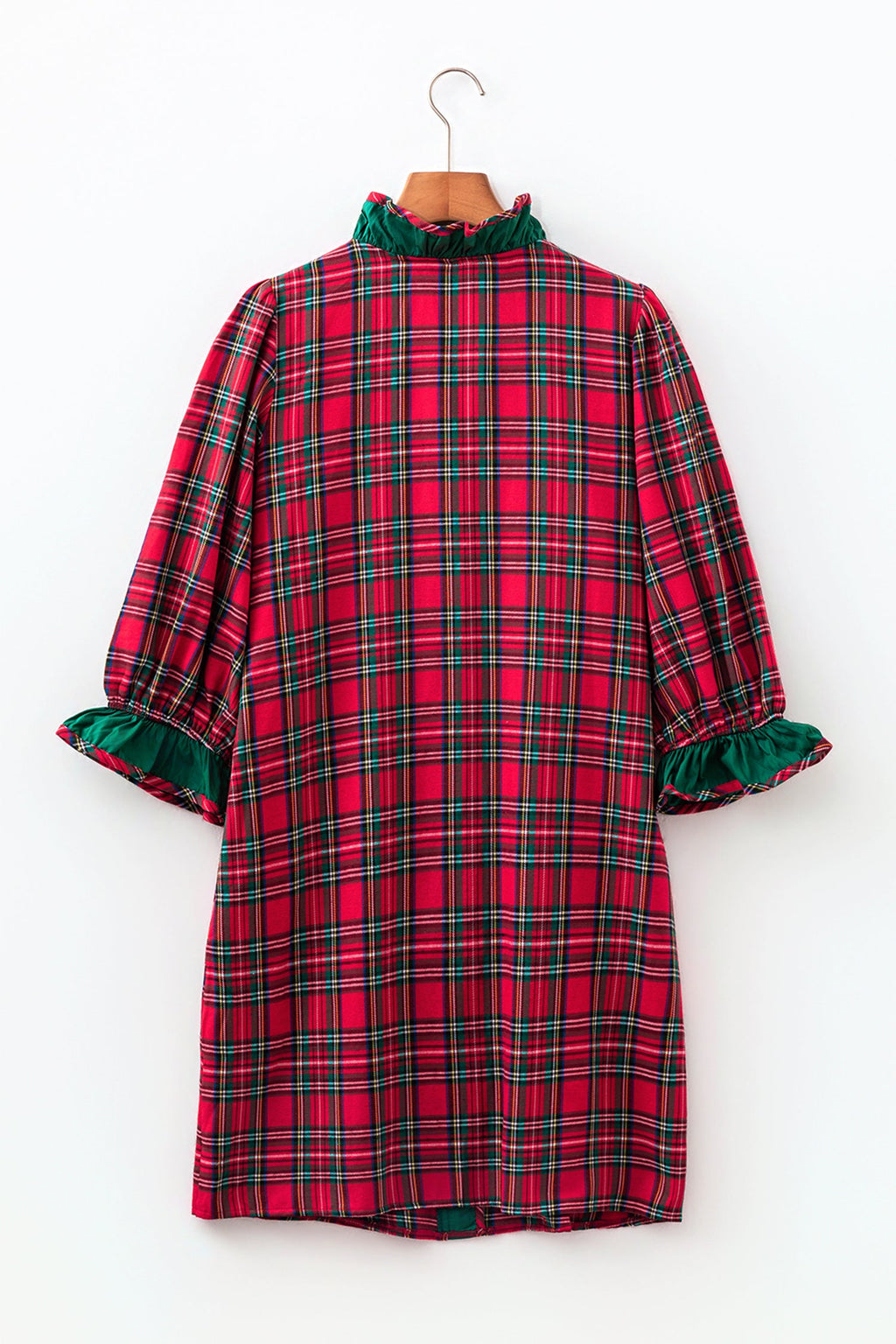Plaid Ruffle Colorblock Buttoned Mini Dress in Red, styled view