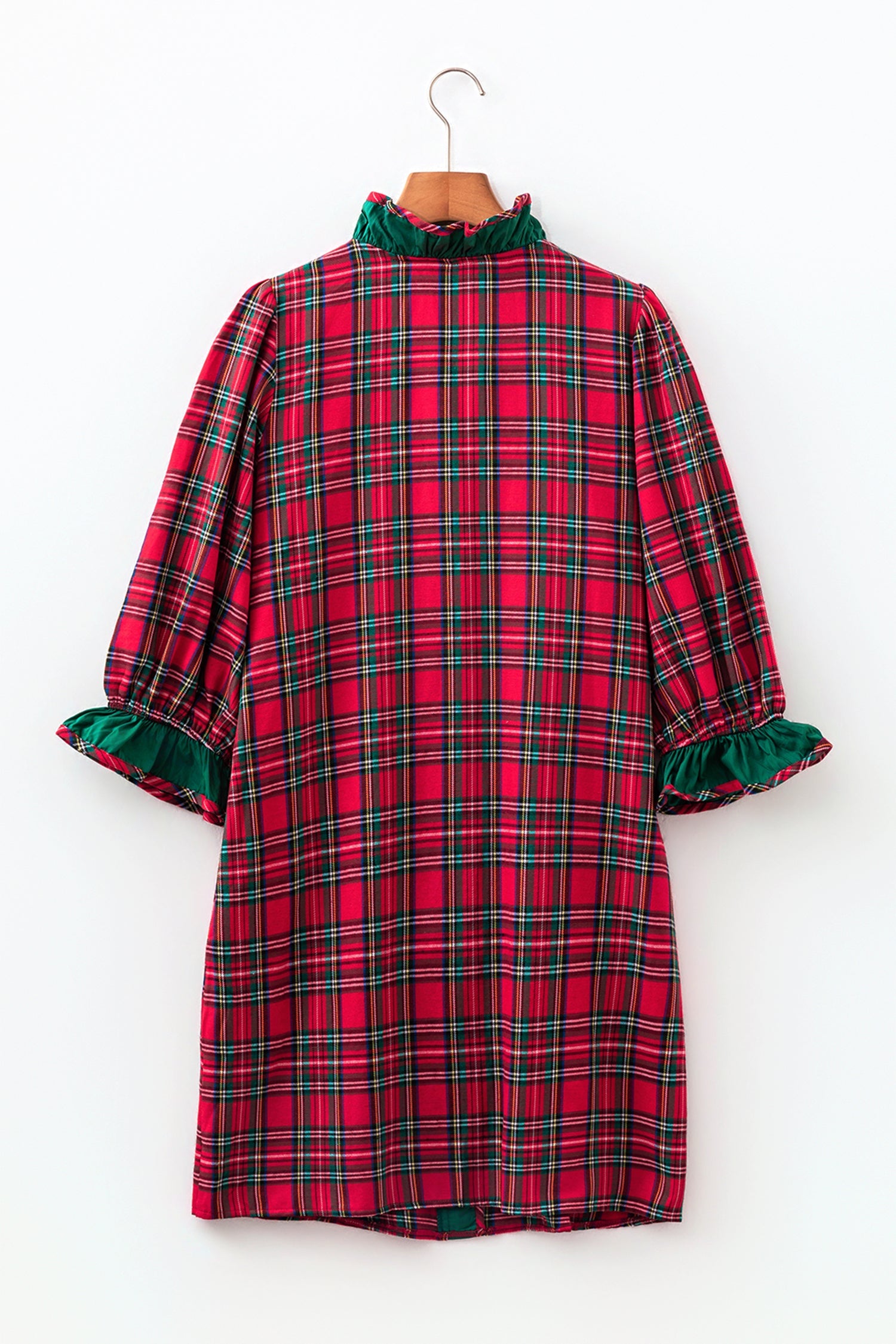 Plaid Ruffle Colorblock Buttoned Mini Dress in Red, styled view
