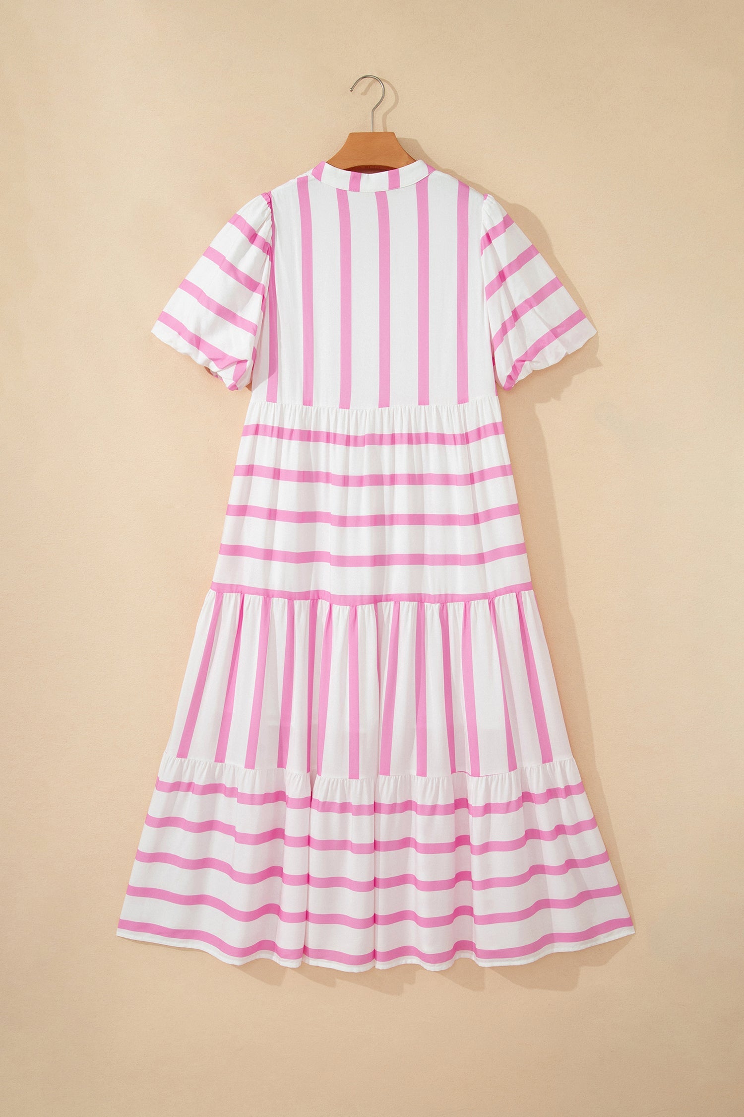 Stripe Ricrac Trim Notched Neck Midi Dress in Green Stripe with empire waistline, notched V-neckline, ricrac trim, and puff sleeves shown on model
