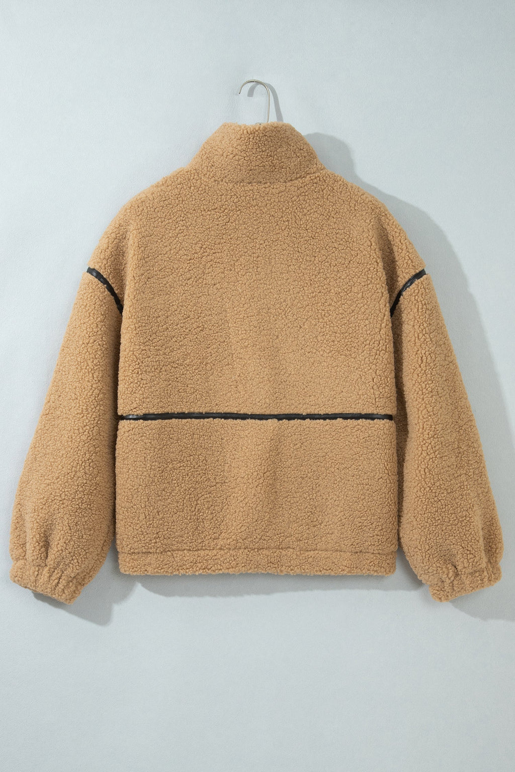 Fleece Stand Collar Zip Up Jacket in parchment, styled view