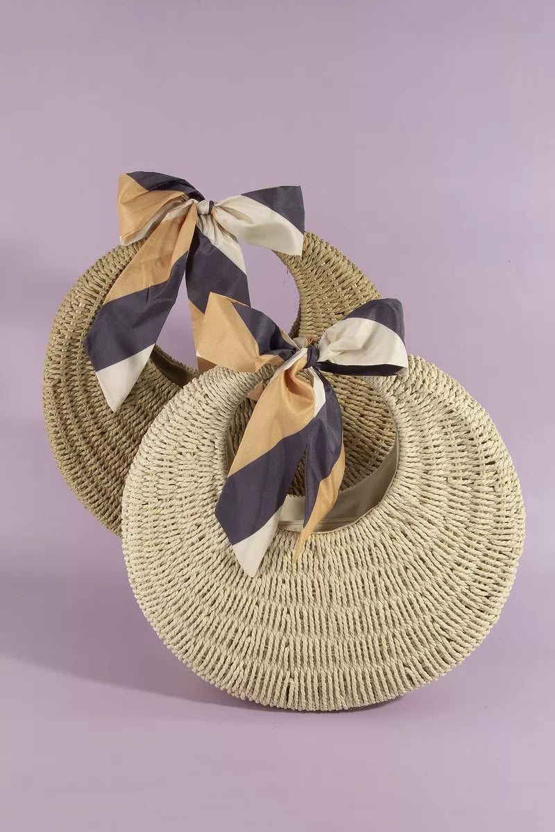 Fame Round Woven Straw Bag With Bow Scarf Accent - close up of woven straw texture and bow detail