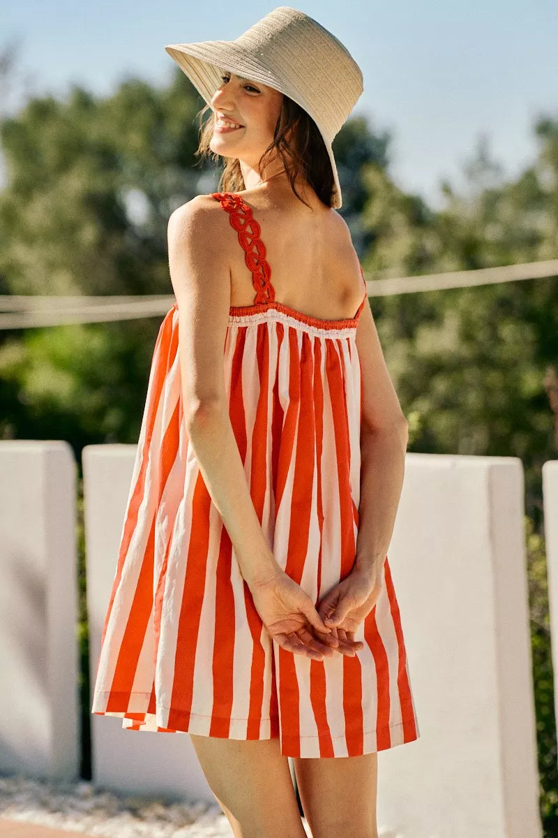 SO ME Stripe Cotton Scallop Side Pocket Lined Mini Dress - close up of scalloped trim and side pocket