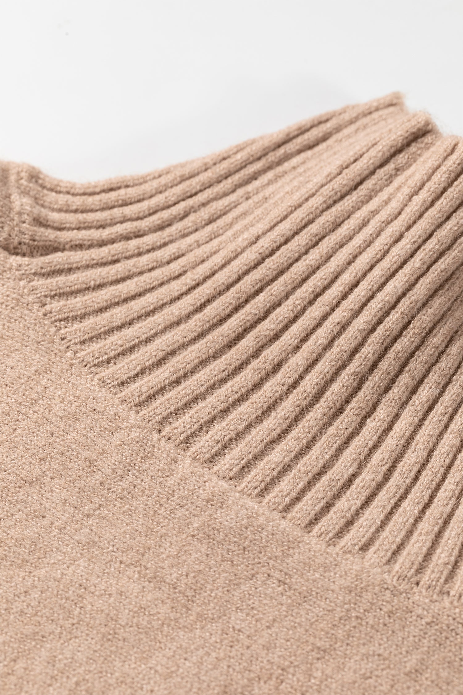 Ribbed Trim High Neck Sweater in beige, close-up