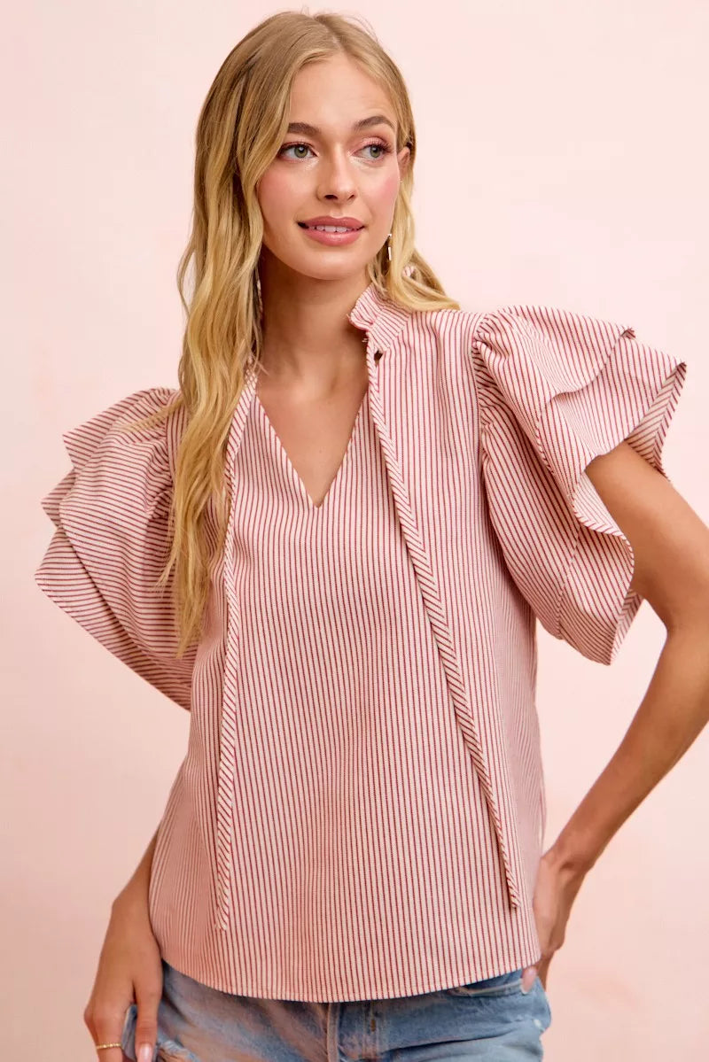 BiBi Twill Striped Ruffle Sleeve Blouse - twill striped ruffle blouse, view 1