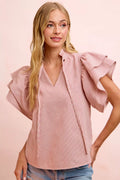 BiBi Twill Striped Ruffle Sleeve Blouse - twill striped ruffle blouse, view 1
