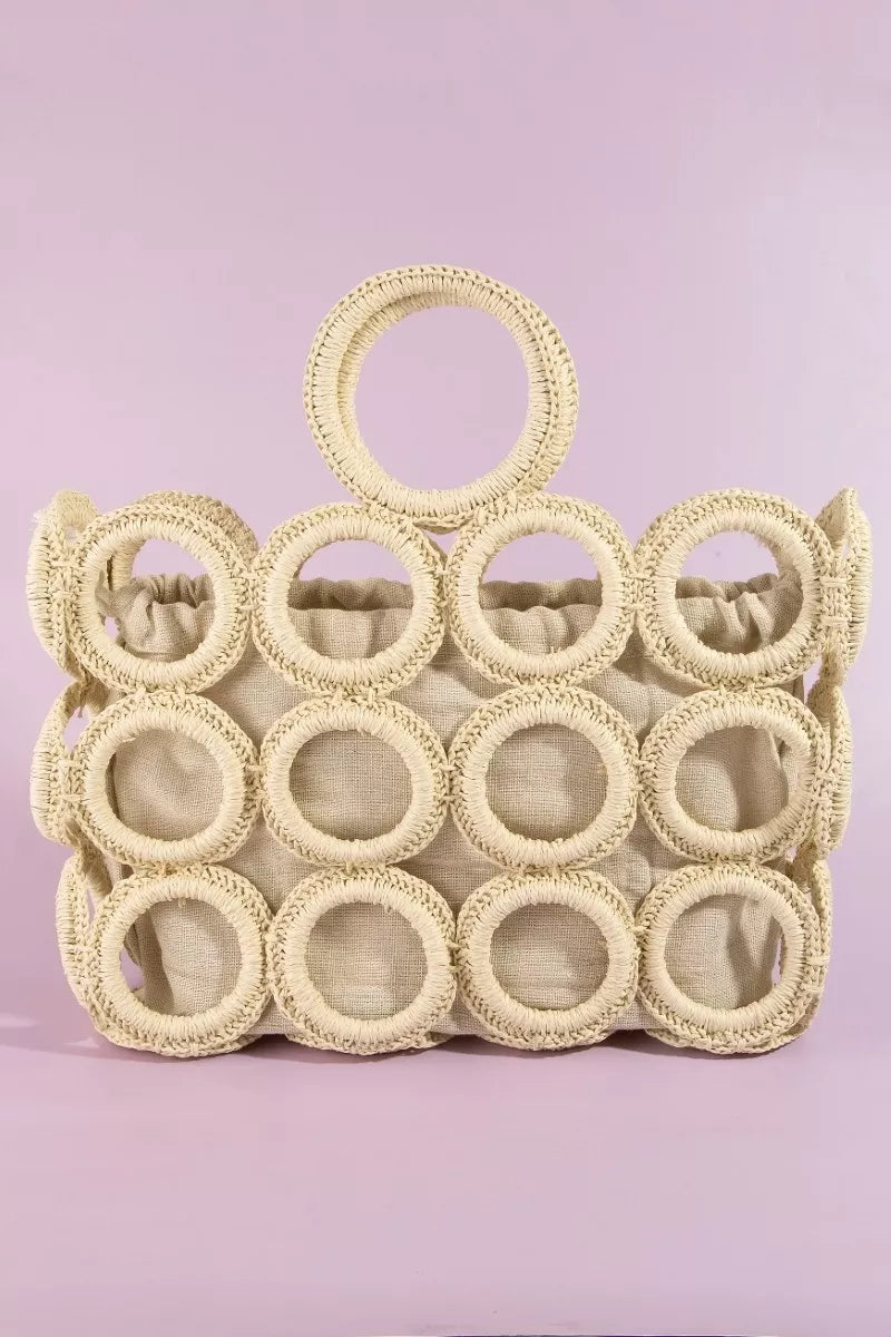 Fame Straw Round Pattern Mesh Hand Bag - both colorways flat lay